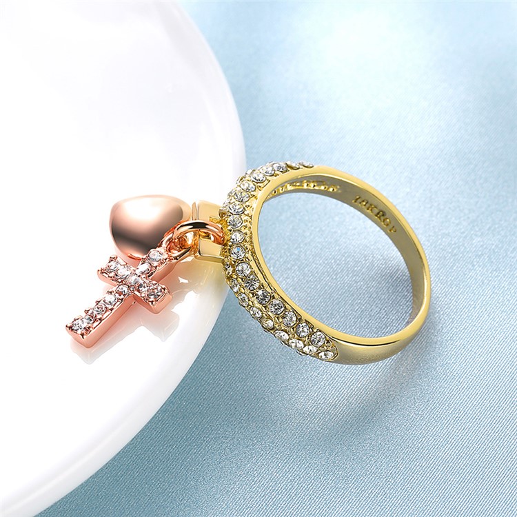 Cross Pattern Rhinestone Fashion Tin Alloy Ring, Size: 8 - Gold-4