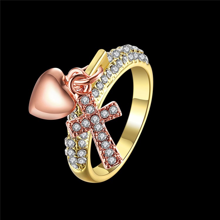 Cross Pattern Rhinestone Fashion Tin Alloy Ring, Size: 8 - Gold-7