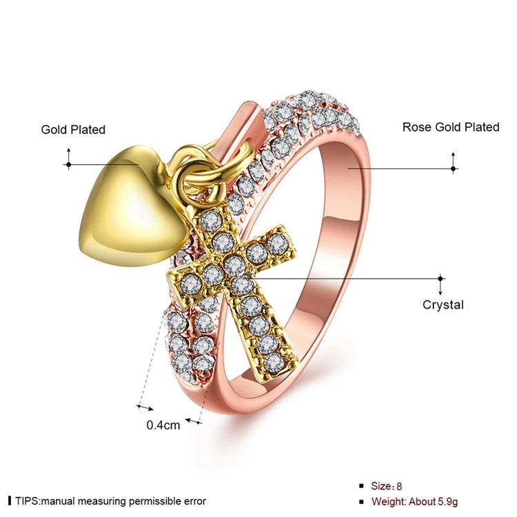 Fashion Cross Pattern Rhinestone Tin Alloy Ring, Size: 8 - Rose Gold-1