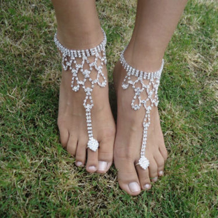 Rhinestone Women Beach Barefoot Anklet Bracelet Toe Ring Chain-1