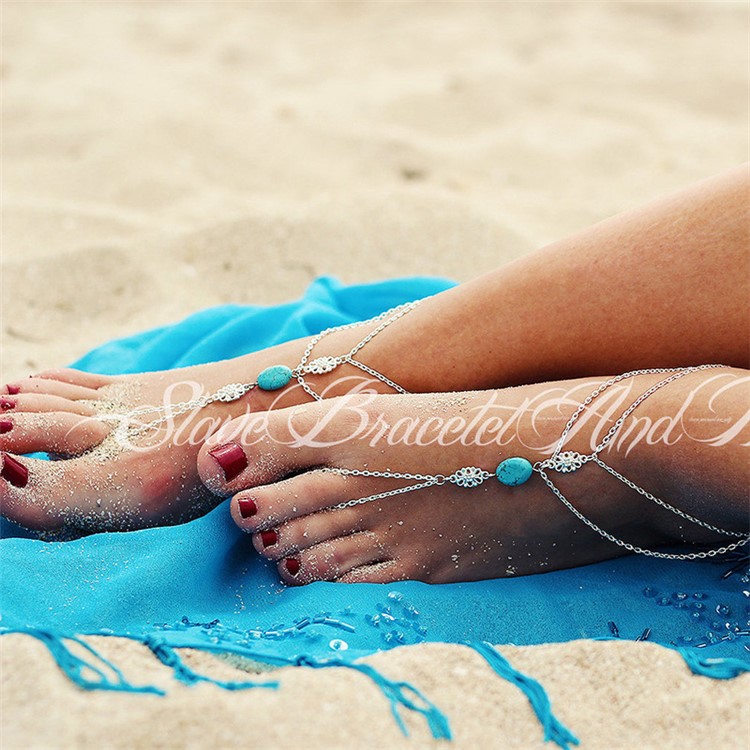 Bohemian Style Fashion Women Ankle Foot Chain Link Toe Rings Turquoise Foot Decoration-4
