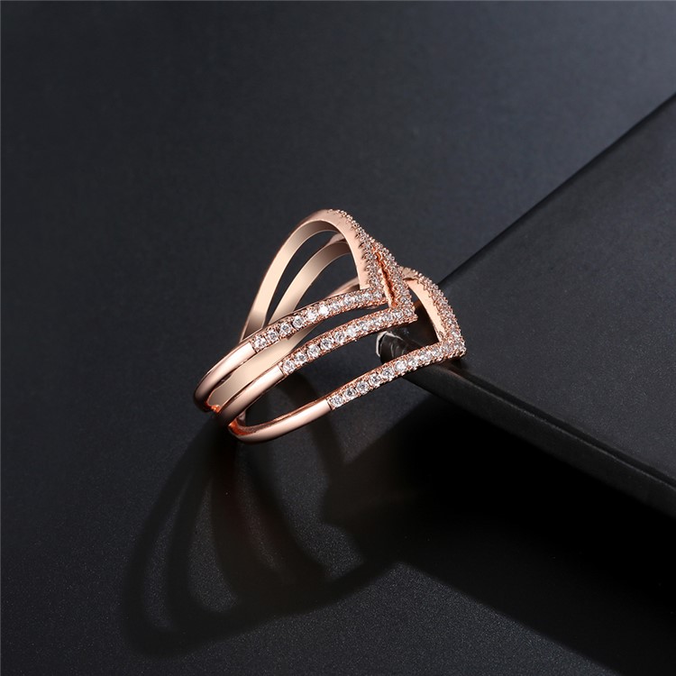 Rose Gold Plated Geometric Pattern Fashion Women Zirconia Wedding Ring - Diameter: 18mm-5