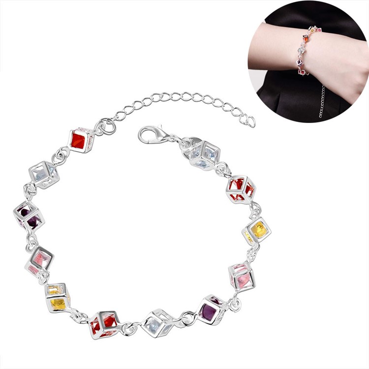 Colorful Rhinestones Embedded Grid Silver Plated Bracelet Ornament-1