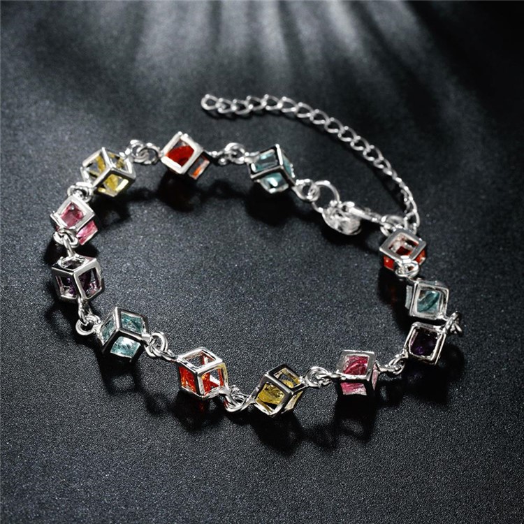 Colorful Rhinestones Embedded Grid Silver Plated Bracelet Ornament-2