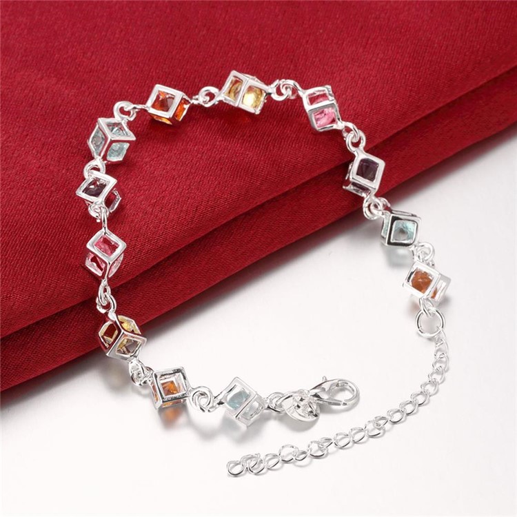 Colorful Rhinestones Embedded Grid Silver Plated Bracelet Ornament-3