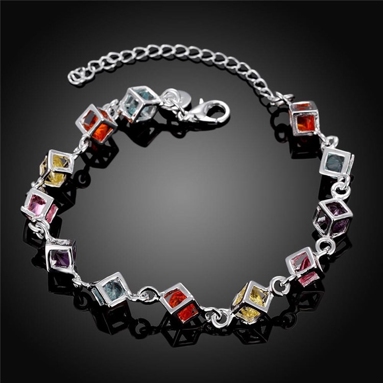 Colorful Rhinestones Embedded Grid Silver Plated Bracelet Ornament-4