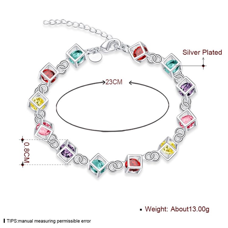 Colorful Rhinestones Embedded Grid Silver Plated Bracelet Ornament-5