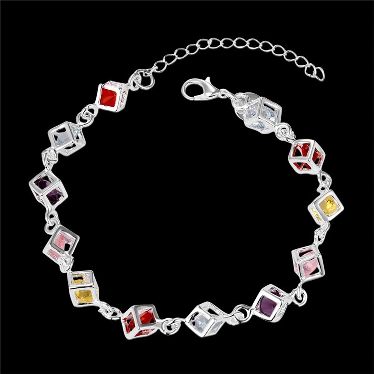 Colorful Rhinestones Embedded Grid Silver Plated Bracelet Ornament-6