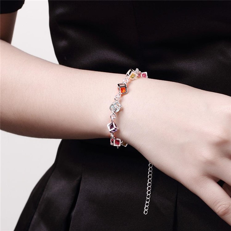 Colorful Rhinestones Embedded Grid Silver Plated Bracelet Ornament-7