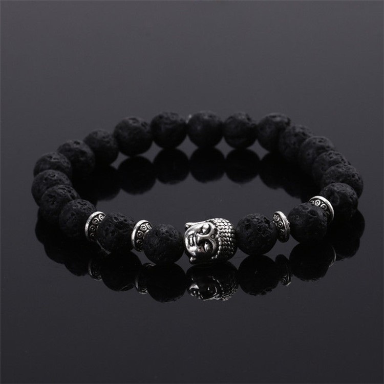 Natural Lava Stone Buddha Head Bracelet for Men and Women - Black-1