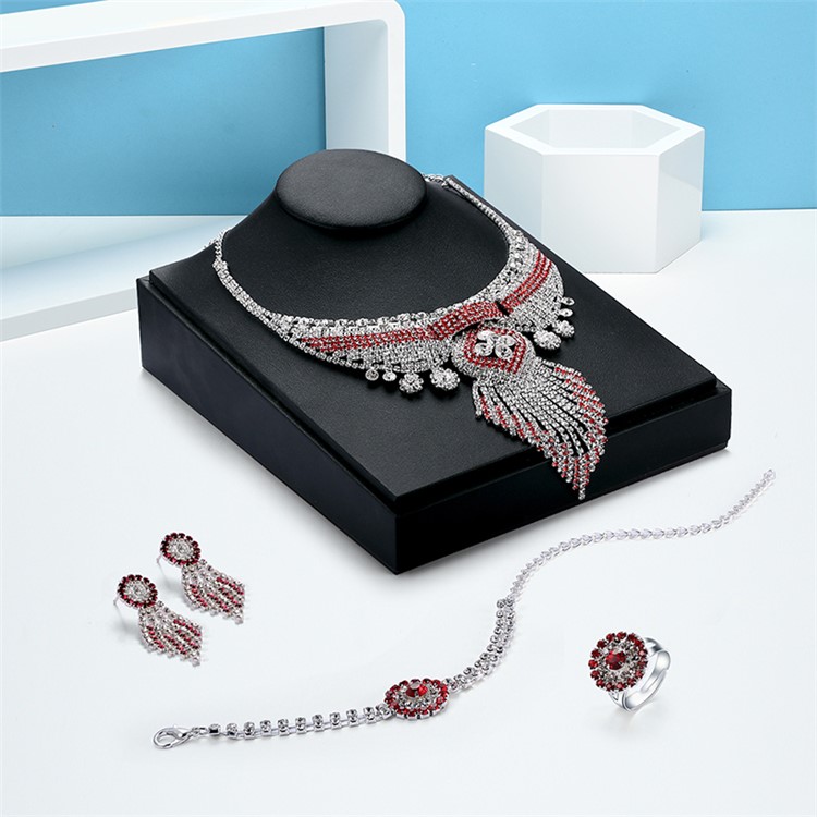 Bling Diamonds Tassel Chain Necklace Bracelet Earrings Ring Set for Women - Style A-1