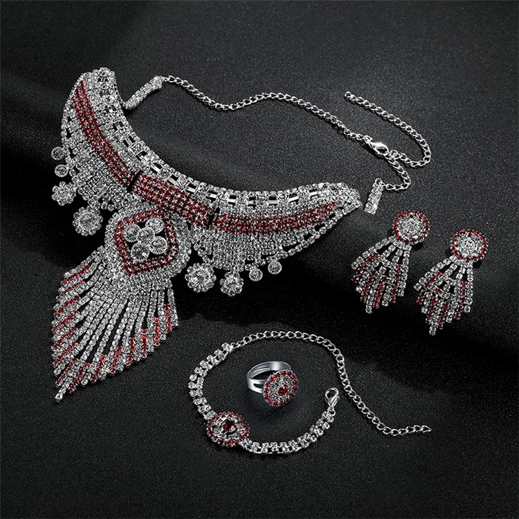Bling Diamonds Tassel Chain Necklace Bracelet Earrings Ring Set for Women - Style A-5