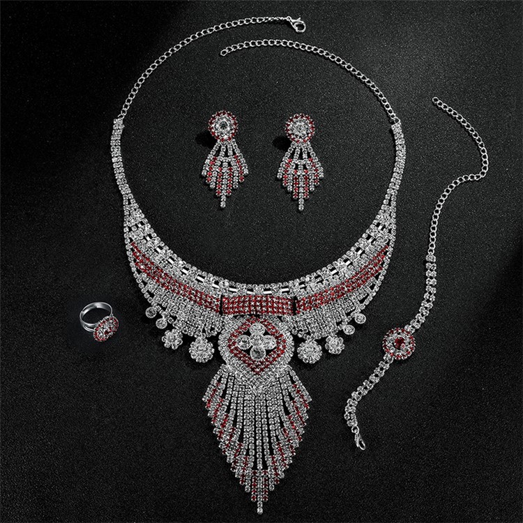 Bling Diamonds Tassel Chain Necklace Bracelet Earrings Ring Set for Women - Style A-6