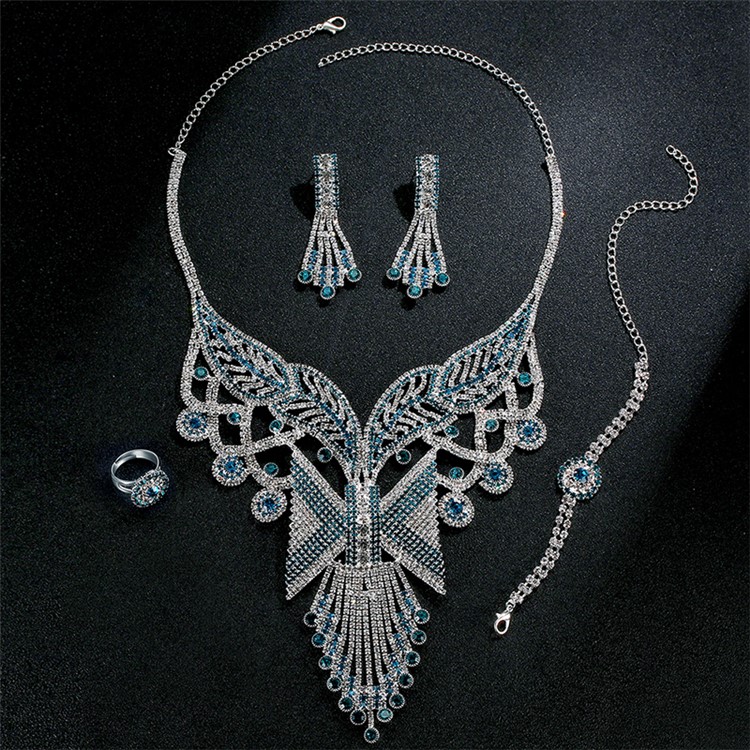 Fashion Rhinestone Wedding Jewelry Set Necklace Earrings Bracelet Ring Set-6