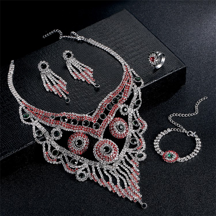 Elegant Bling Red White Diamonds Chain Necklace Bracelet Earrings Ring Set for Women-1
