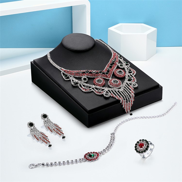 Elegant Bling Red White Diamonds Chain Necklace Bracelet Earrings Ring Set for Women-2