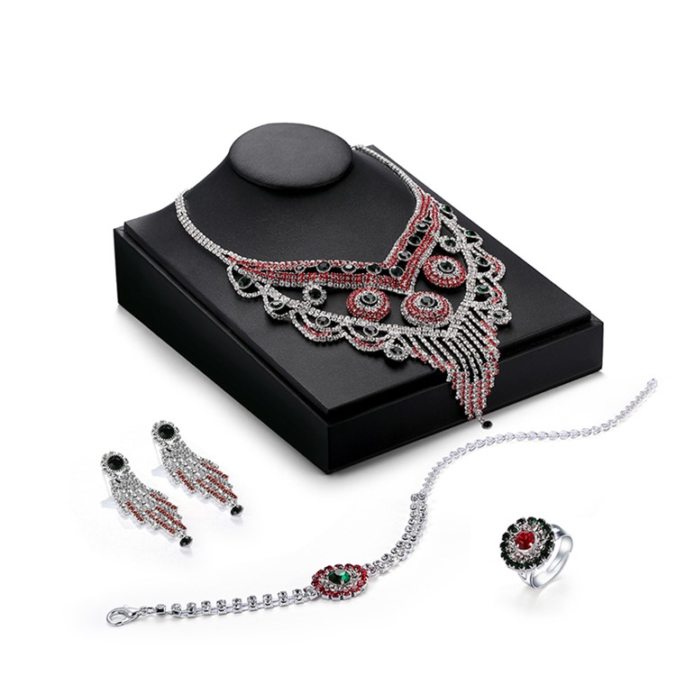 Elegant Bling Red White Diamonds Chain Necklace Bracelet Earrings Ring Set for Women-3