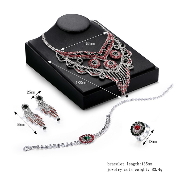 Elegant Bling Red White Diamonds Chain Necklace Bracelet Earrings Ring Set for Women-4