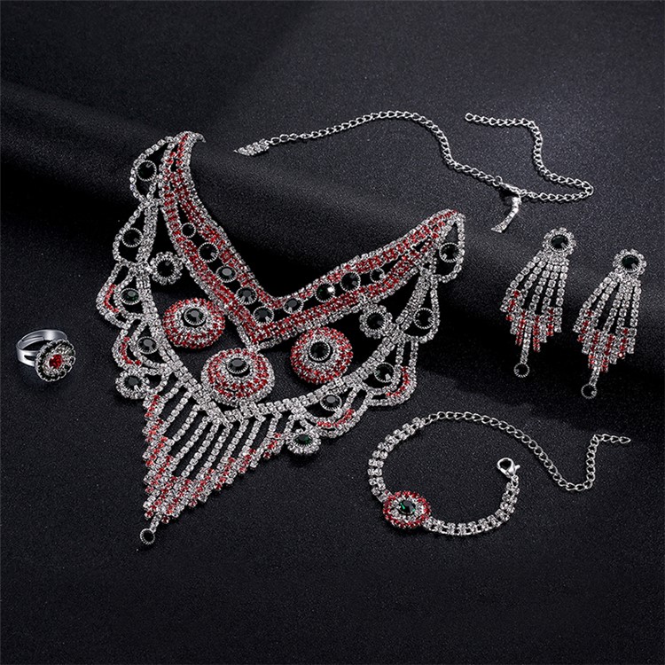 Elegant Bling Red White Diamonds Chain Necklace Bracelet Earrings Ring Set for Women-5