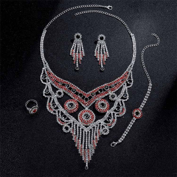 Elegant Bling Red White Diamonds Chain Necklace Bracelet Earrings Ring Set for Women-6