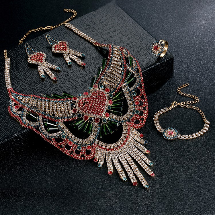 Women's Luxurious Sparkling Diamonds Chain Necklace Bracelet Earrings Ring Set - Style A-4