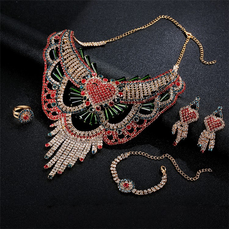 Women's Luxurious Sparkling Diamonds Chain Necklace Bracelet Earrings Ring Set - Style A-5