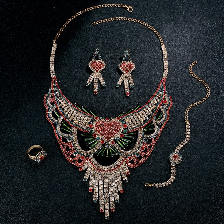 Women's Luxurious Sparkling Diamonds Chain Necklace Bracelet Earrings Ring Set - Style A-6