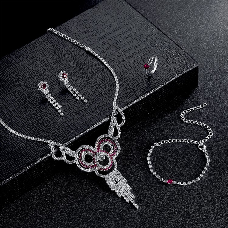 Women's Diamond Bride Jewelry Set Necklace Earrings Bracelet Ring Set for Wedding - Style A-4