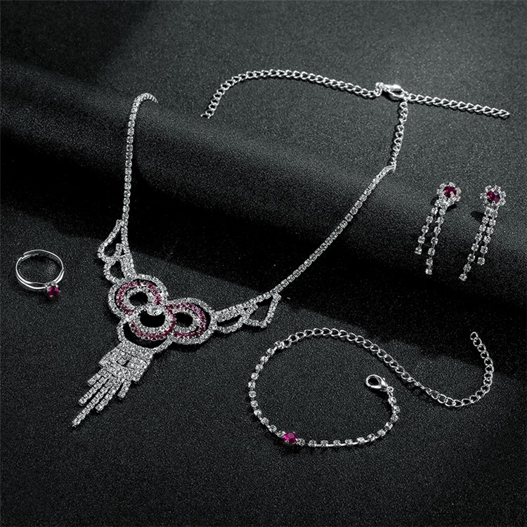 Women's Diamond Bride Jewelry Set Necklace Earrings Bracelet Ring Set for Wedding - Style A-5