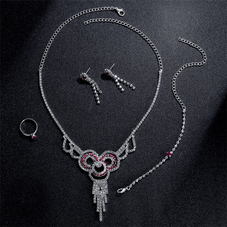 Women's Diamond Bride Jewelry Set Necklace Earrings Bracelet Ring Set for Wedding - Style A-6