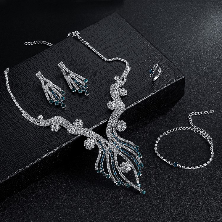 Women Rhinestone Jewelry Set Necklace Earrings Ring Bracelet Set for Wedding - Style A-4