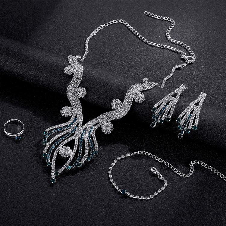 Women Rhinestone Jewelry Set Necklace Earrings Ring Bracelet Set for Wedding - Style A-5