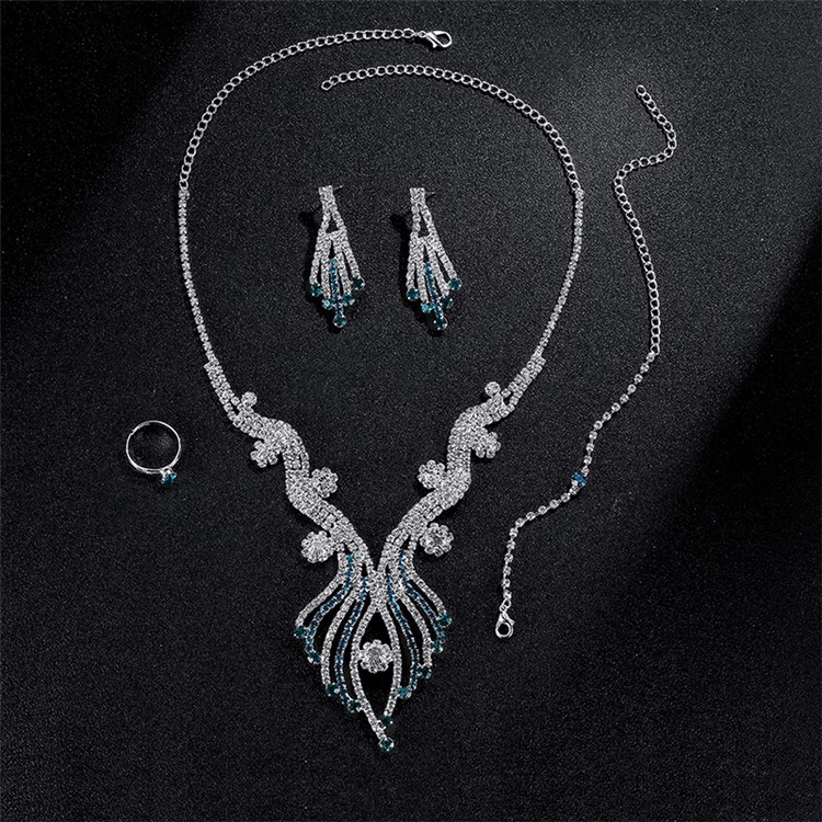 Women Rhinestone Jewelry Set Necklace Earrings Ring Bracelet Set for Wedding - Style A-6