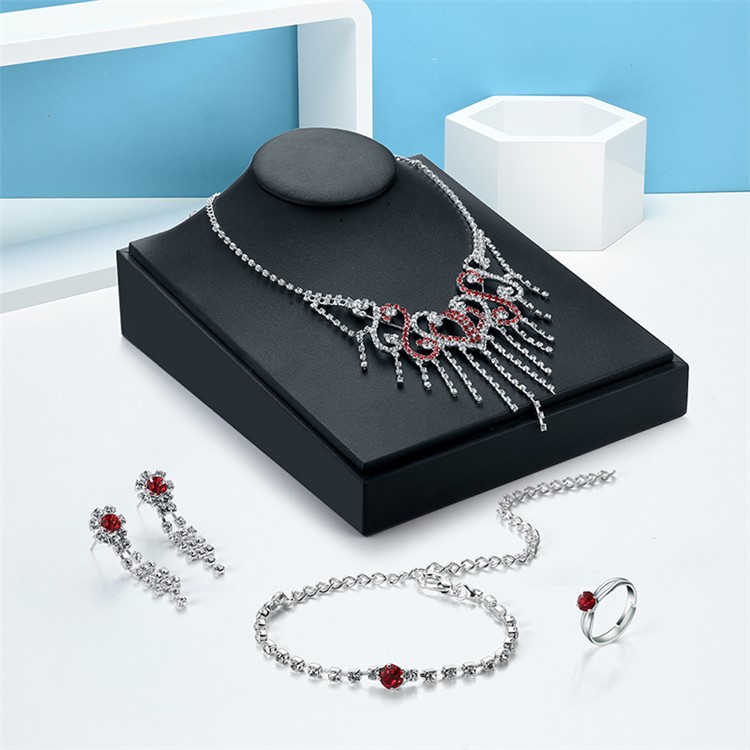 Women's Fashion Rhinestone Jewelry Necklace Earrings Bracelet Ring Charm Set - Style A-1