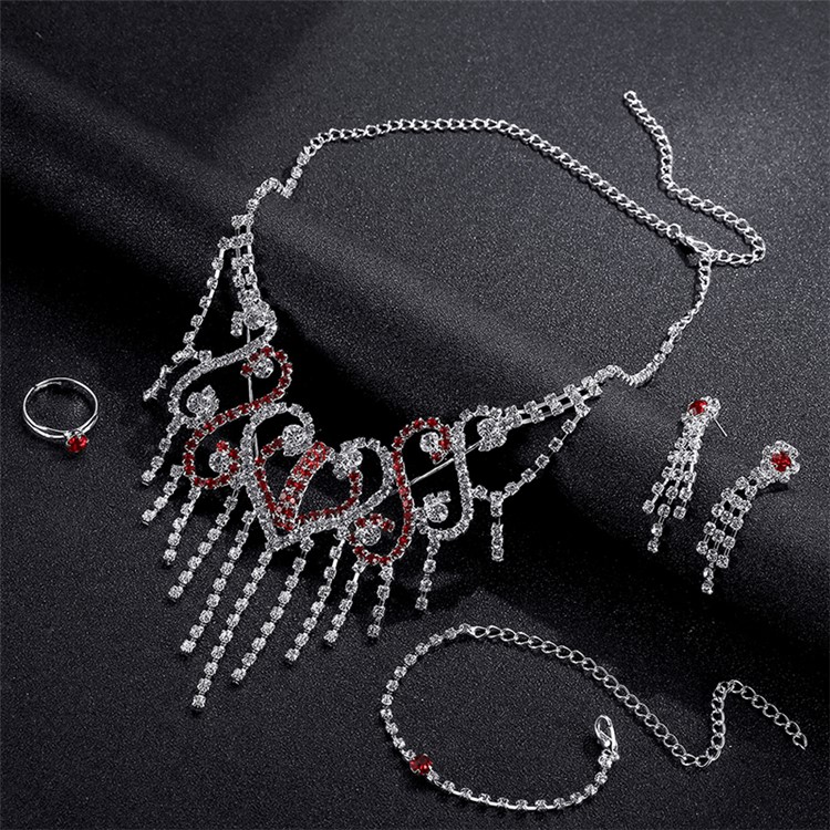 Women's Fashion Rhinestone Jewelry Necklace Earrings Bracelet Ring Charm Set - Style A-5