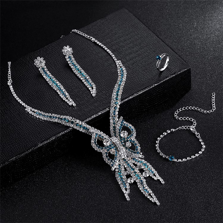 Women Fashion Rhinestone Jewelry Set Necklace Earrings Ring Bracelet Set-4