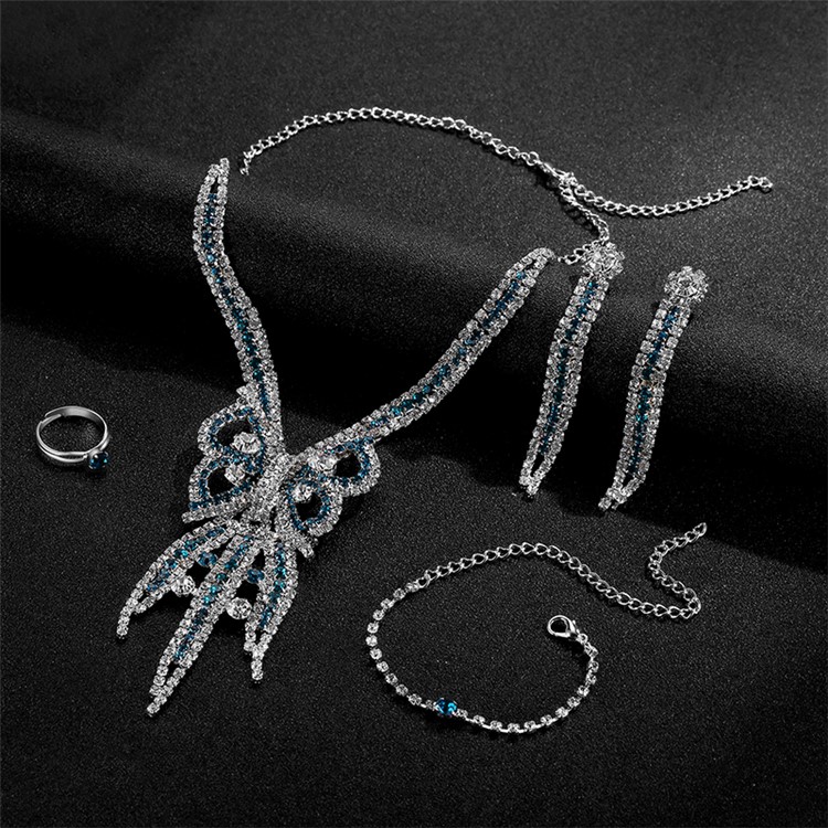 Women Fashion Rhinestone Jewelry Set Necklace Earrings Ring Bracelet Set-5