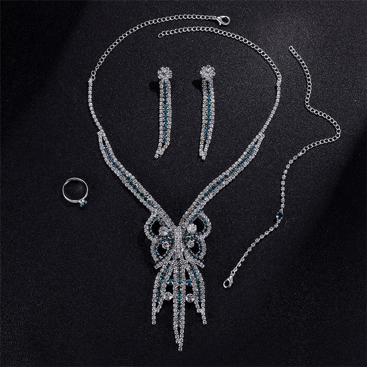 Women Fashion Rhinestone Jewelry Set Necklace Earrings Ring Bracelet Set-6