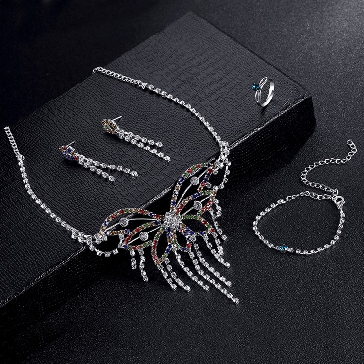 Women Sparkling Rhinestone Necklace Earrings Ring Bracelet Jewelry Set-4