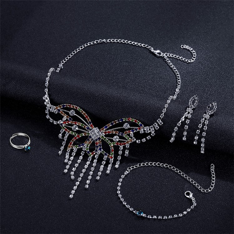 Women Sparkling Rhinestone Necklace Earrings Ring Bracelet Jewelry Set-5