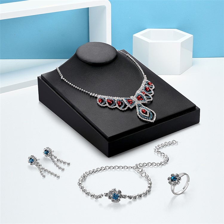 Women Rhinestone Jewelry Elegant Bracelet Necklace Earrings Ring Charm Set - Style A-1