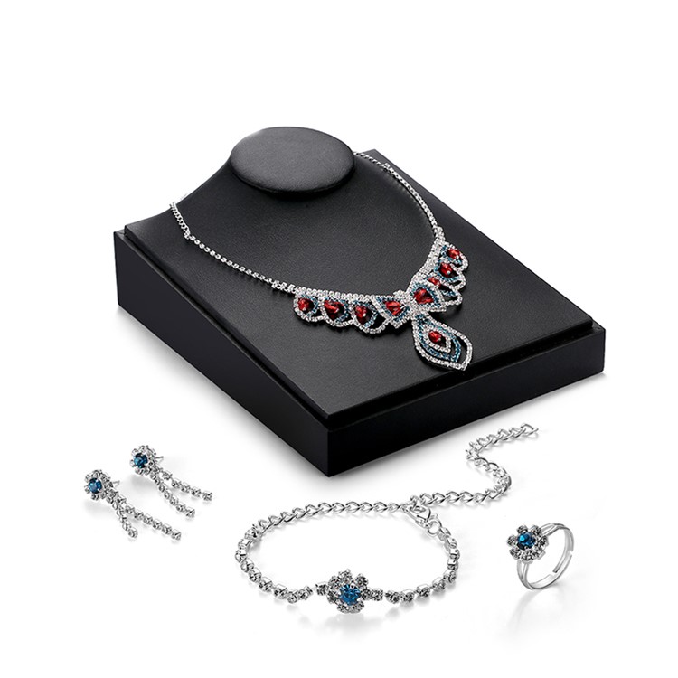 Women Rhinestone Jewelry Elegant Bracelet Necklace Earrings Ring Charm Set - Style A-2