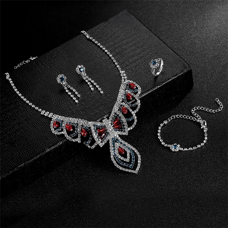 Women Rhinestone Jewelry Elegant Bracelet Necklace Earrings Ring Charm Set - Style A-4