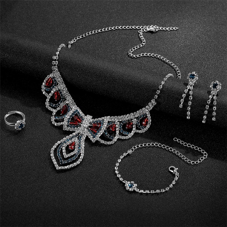 Women Rhinestone Jewelry Elegant Bracelet Necklace Earrings Ring Charm Set - Style A-5