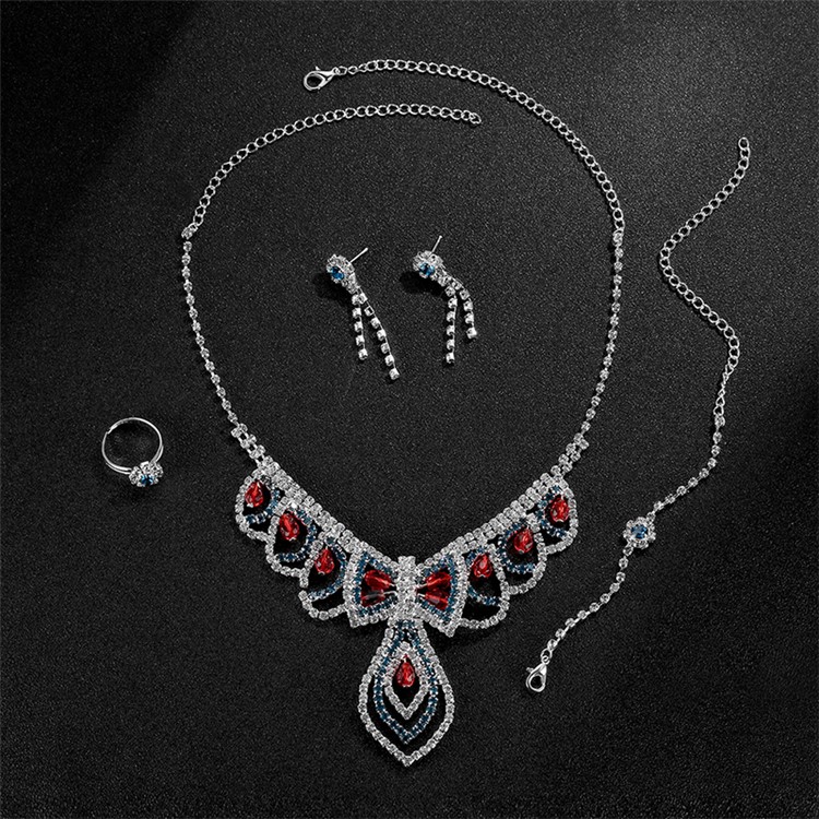 Women Rhinestone Jewelry Elegant Bracelet Necklace Earrings Ring Charm Set - Style A-6
