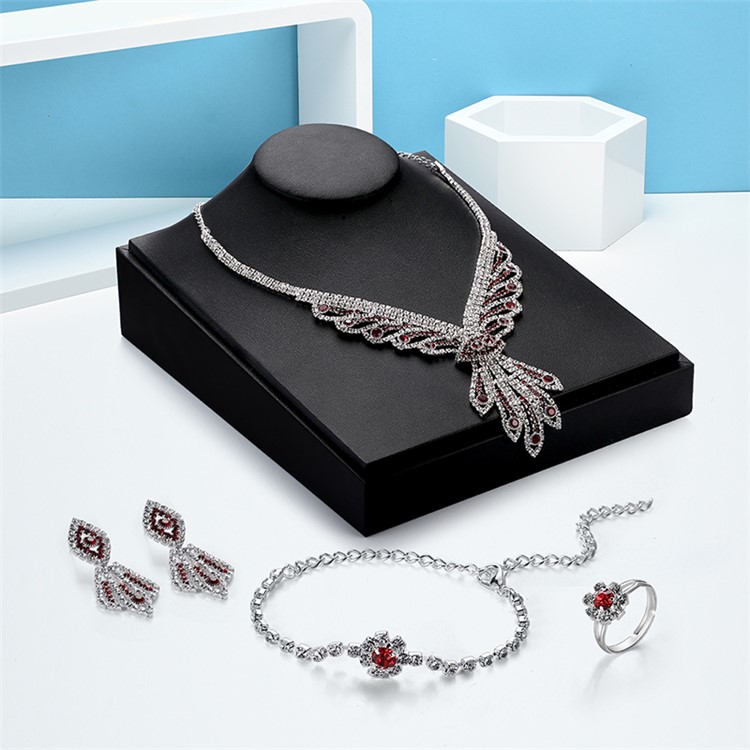 Women's Rhinestones Chain Necklace Bracelet Earrings Ring Set - Style A-1