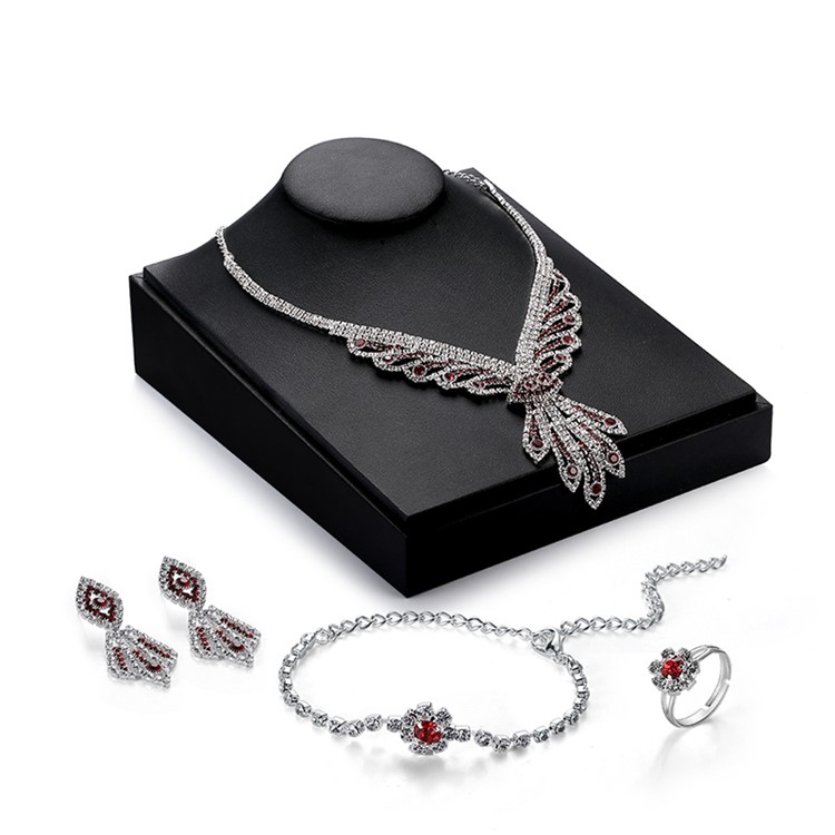 Women's Rhinestones Chain Necklace Bracelet Earrings Ring Set - Style A-2