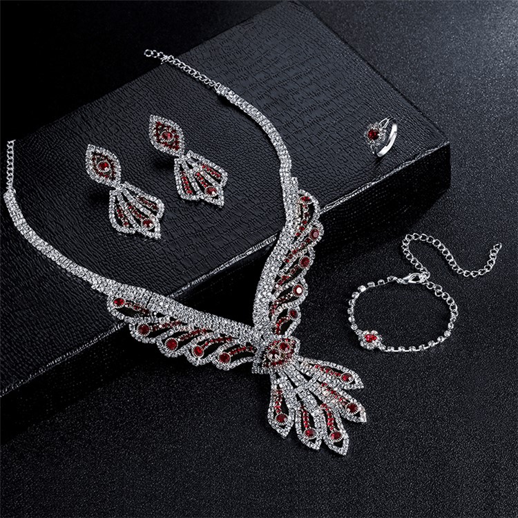 Women's Rhinestones Chain Necklace Bracelet Earrings Ring Set - Style A-4