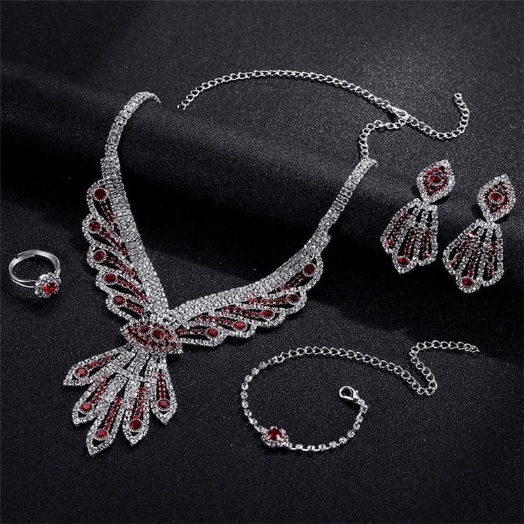 Women's Rhinestones Chain Necklace Bracelet Earrings Ring Set - Style A-5