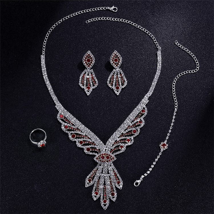 Women's Rhinestones Chain Necklace Bracelet Earrings Ring Set - Style A-6